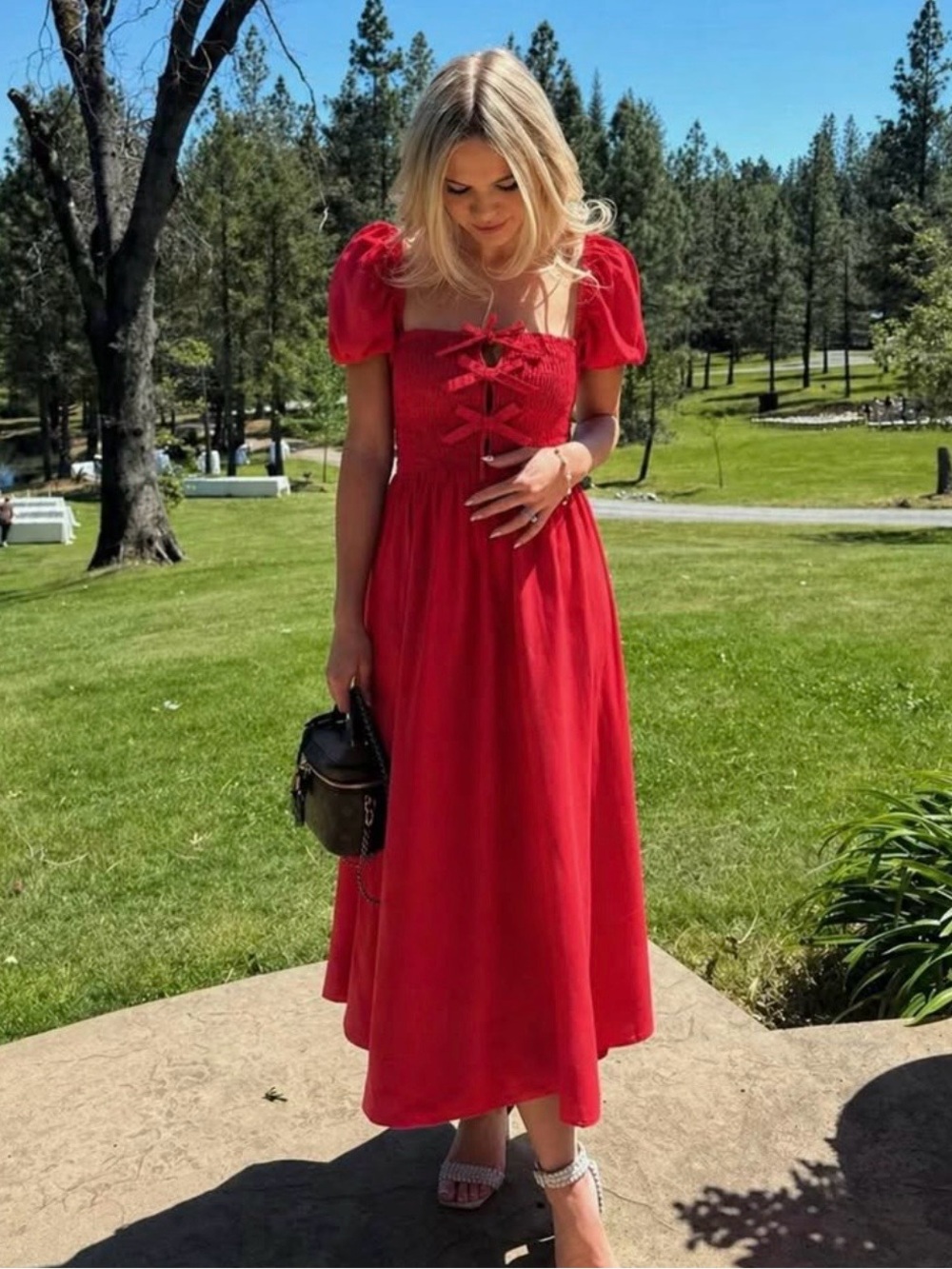ASTR Bow Smocked Bodice Midi Dress in Red